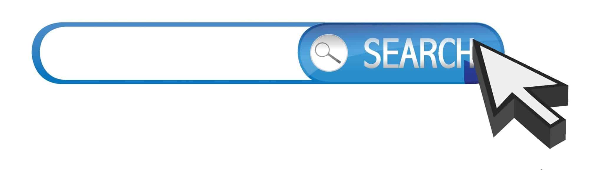 A blue search button with an arrow pointing to it.