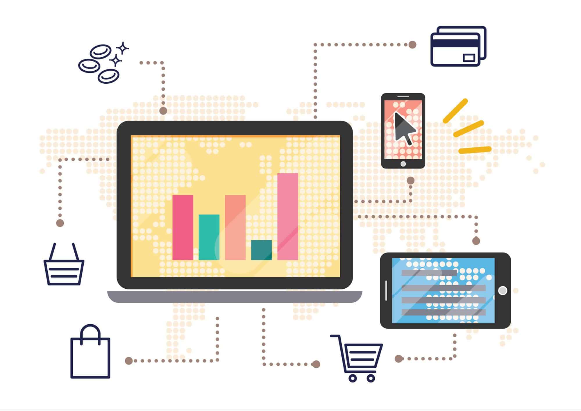 An image of a laptop with ecommerce icons on it.