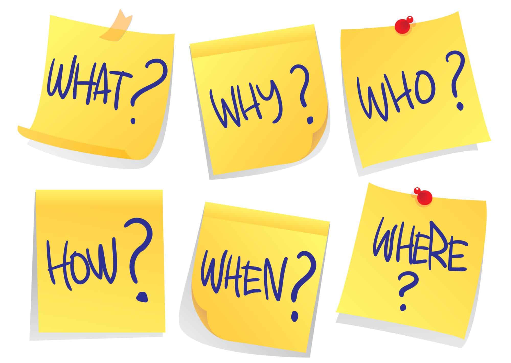 A set of yellow sticky notes with the words what, where and when.