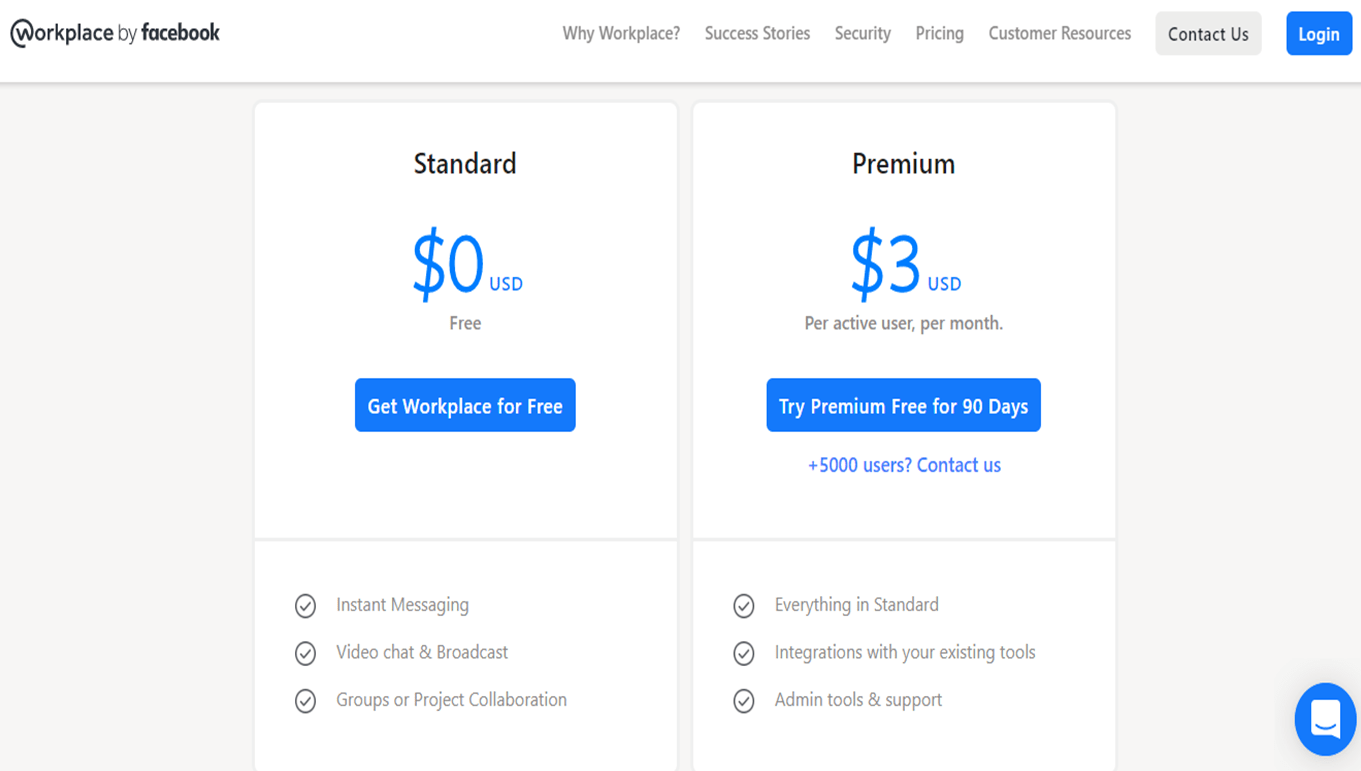 Workplace by Facebook homepage showing the plan and pricing..