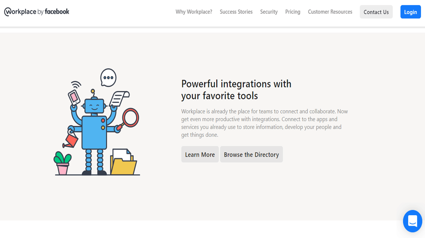Workplace by Facebook homepage showing a robot doing a lot of things.