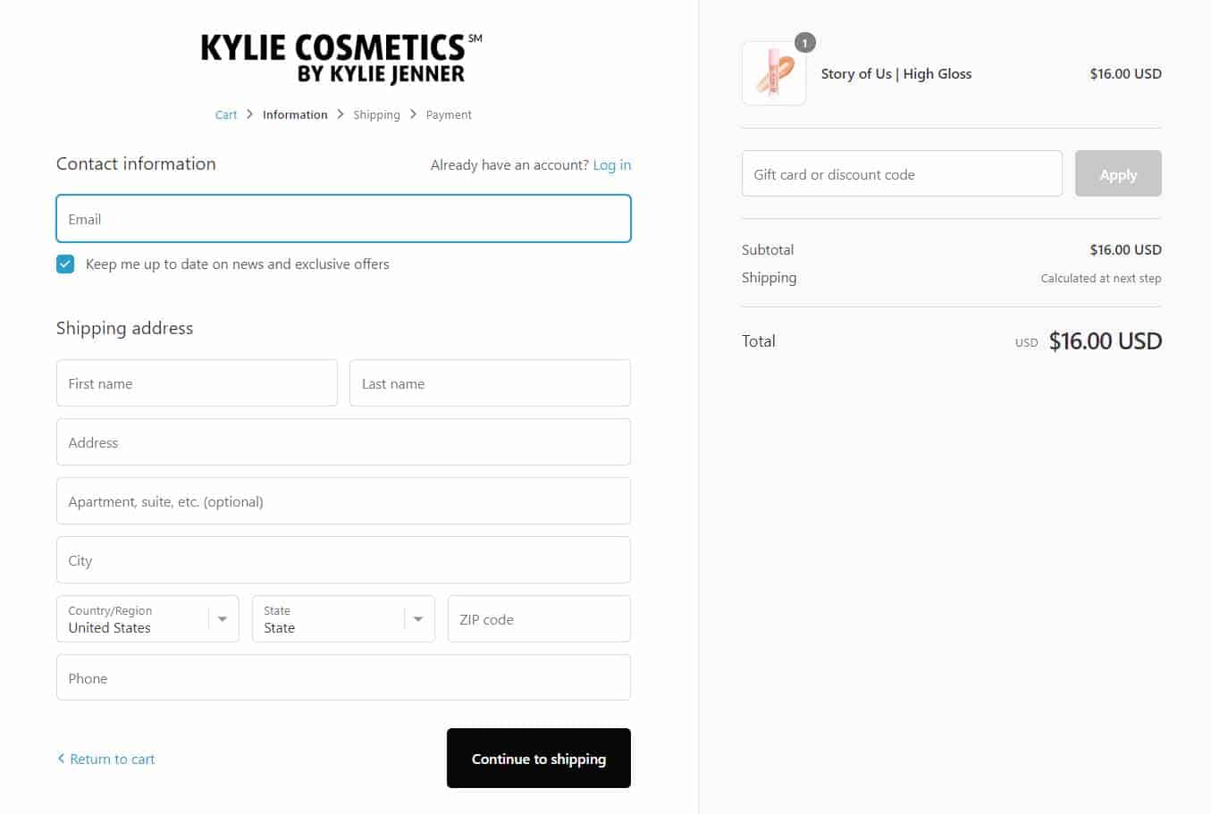 checkout-page The checkout page for kylie cosmetics.