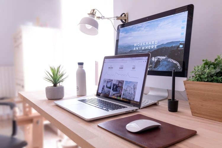 website-viewed-on-laptop A desk with a laptop and a plant on it.