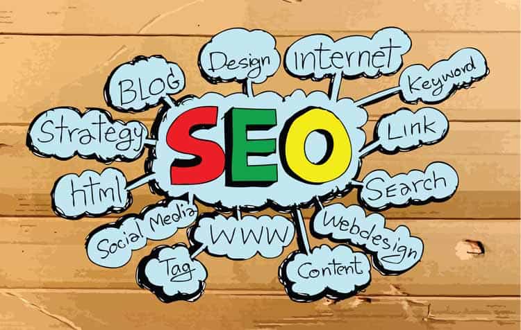 The word seo is surrounded by a wooden background.