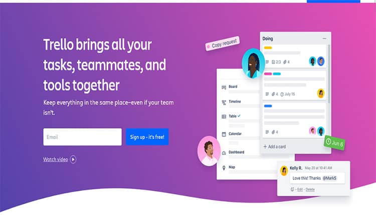 A website with a purple background and the words Trello.