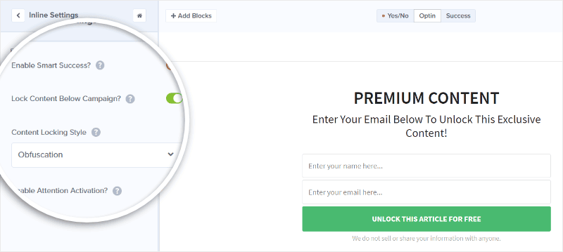 A screenshot of a landing page with a button for premium content.