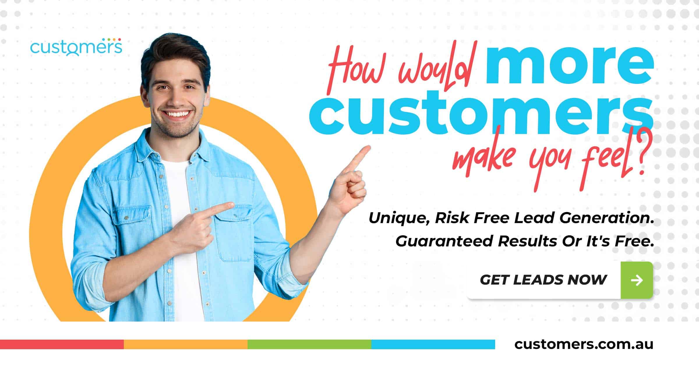 A man is pointing at a sign that says how many customers do you have?.