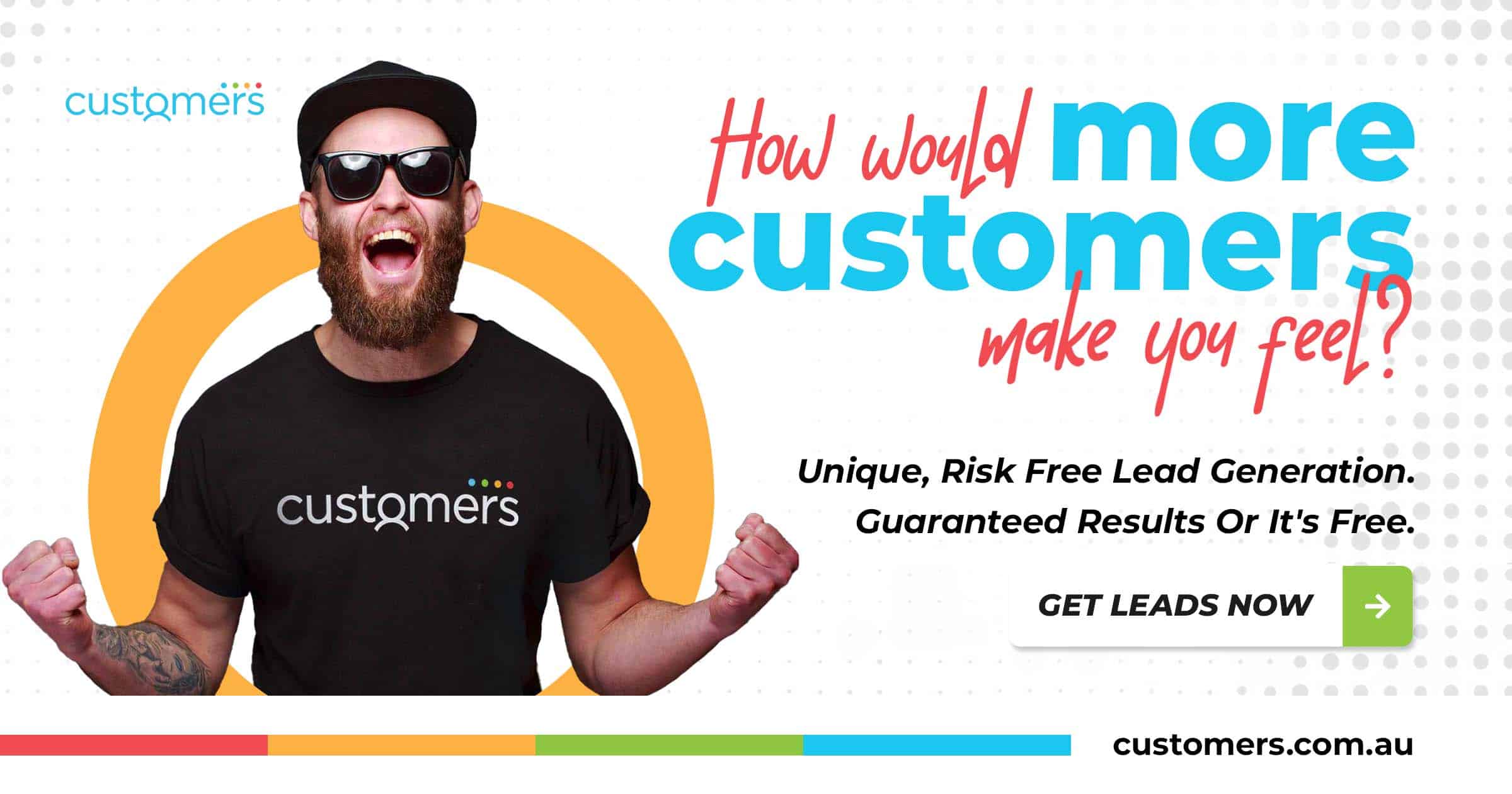 A man with a hat and sunglasses is holding a sign that says how many customers do you have?.