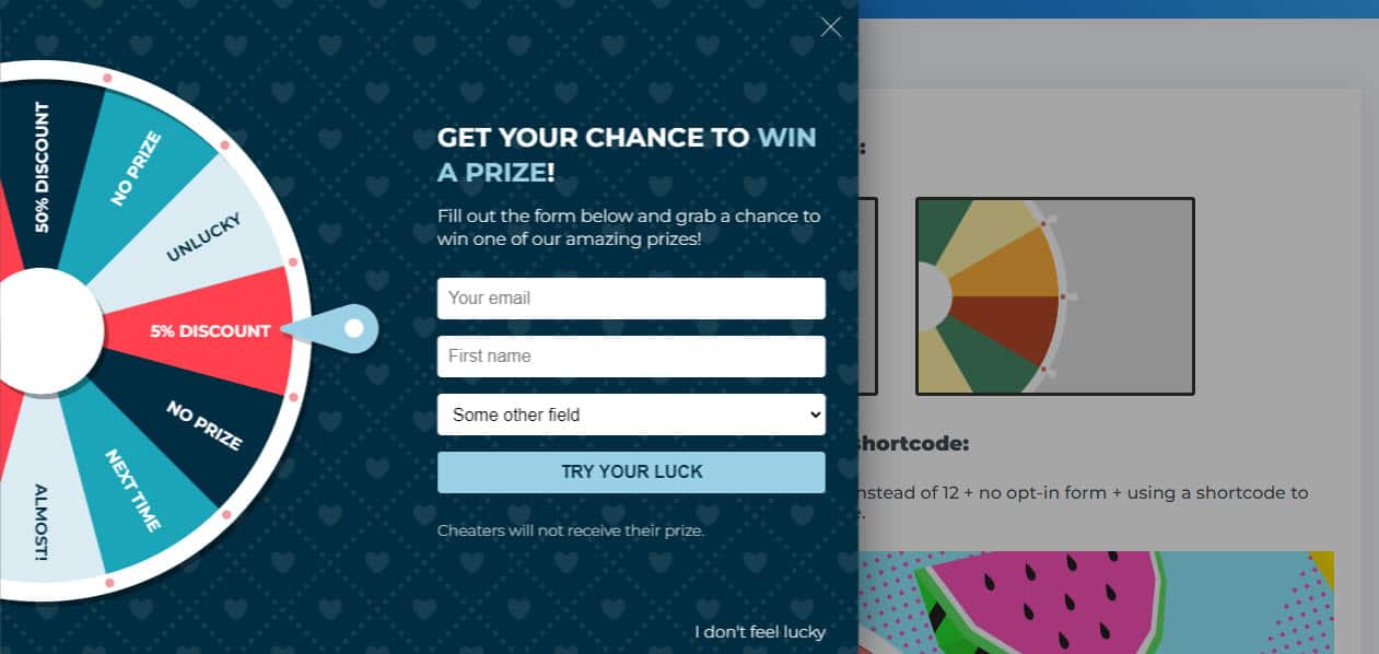 A website with a wheel of fruit and a chance to win a prize.