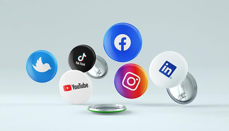 Floating social media icons including twitter, tiktok, facebook, linkedin, youtube, and instagram, depicted as badges on a plain background.
