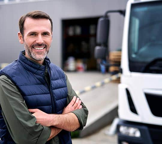 A man with crossed arms, wearing a blue vest, stands smiling in front of a white truck, with a warehouse and various items visible in the blurred background.