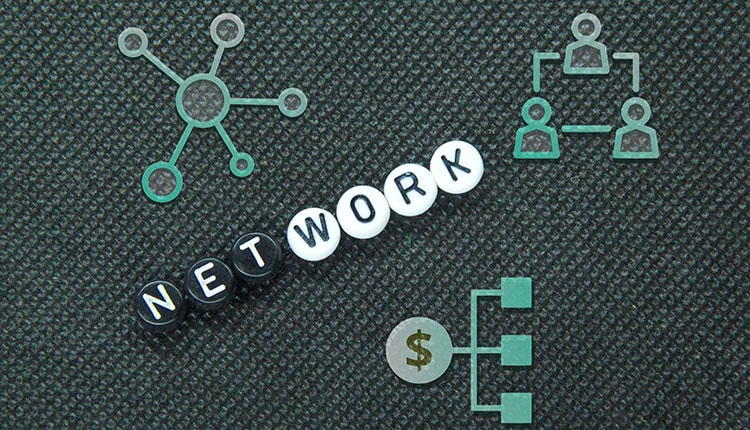 The image shows the word "NETWORK" spelled with lettered beads, surrounded by icons of connected nodes, organizational charts, and a dollar sign symbolizing financial connections.